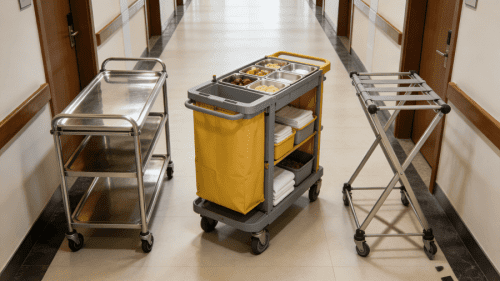 The Golden Triangle: A hotel service cart, housekeeping trolley, and linen cart in a hotel corridor.