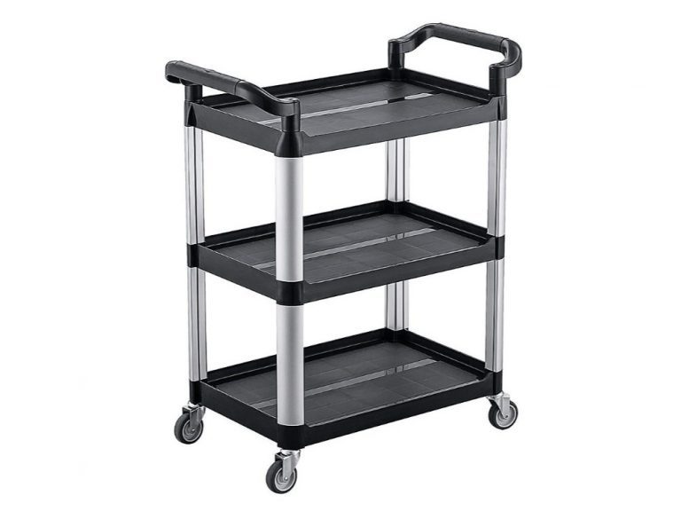 Heavy duty 3-tier plastic service cart with aluminum frame," "Plastic cart durability test car running over shelf."