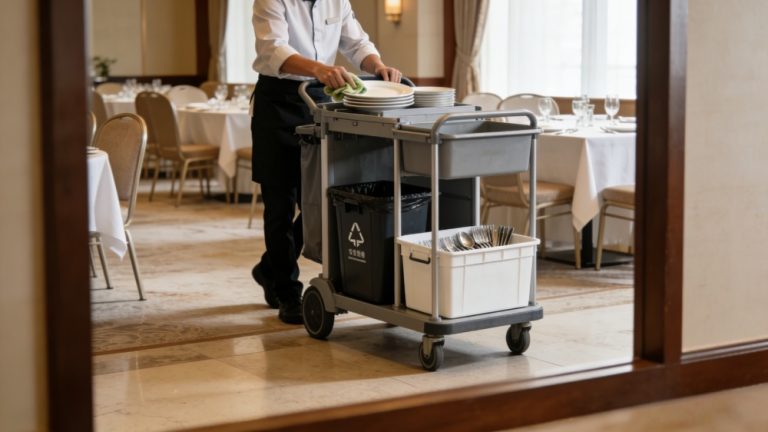 Commercial bussing cart with bins for restaurant and banquet clearing