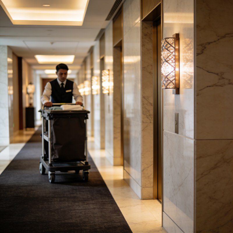 Commercial carts for hotels in a guest corridor with quiet non-marking casters