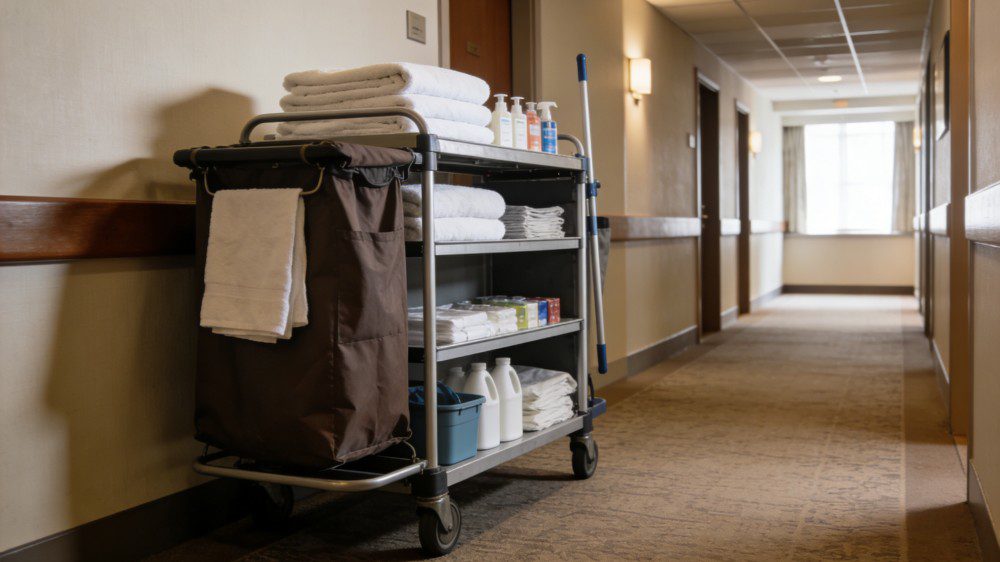 Hotel housekeeping cart with laundry bag for faster room turnover