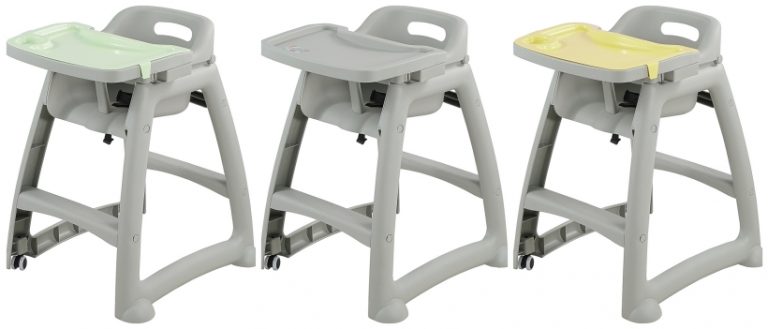 Durable commercial plastic high chair for restaurants and cafes, shown in a dining setting.