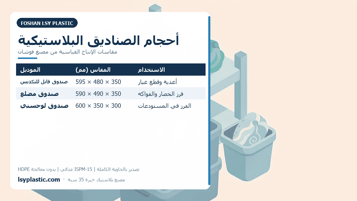 جدول أحجام الصناديق البلاستيكية: 595x480x350 و 590x490x350 و 600x350x300 مم
