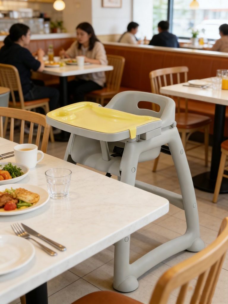 Durable commercial plastic high chair for restaurants and cafes, shown in a dining setting.