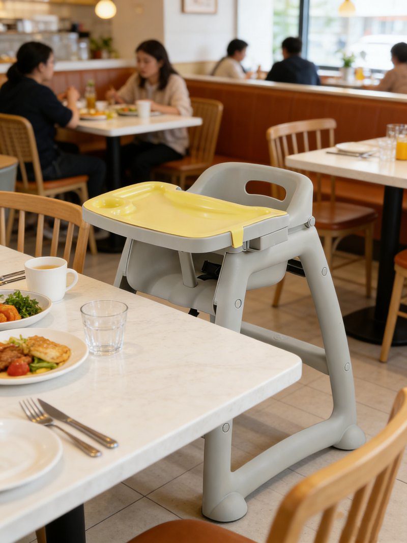 Durable commercial plastic high chair for restaurants and cafes, shown in a dining setting.