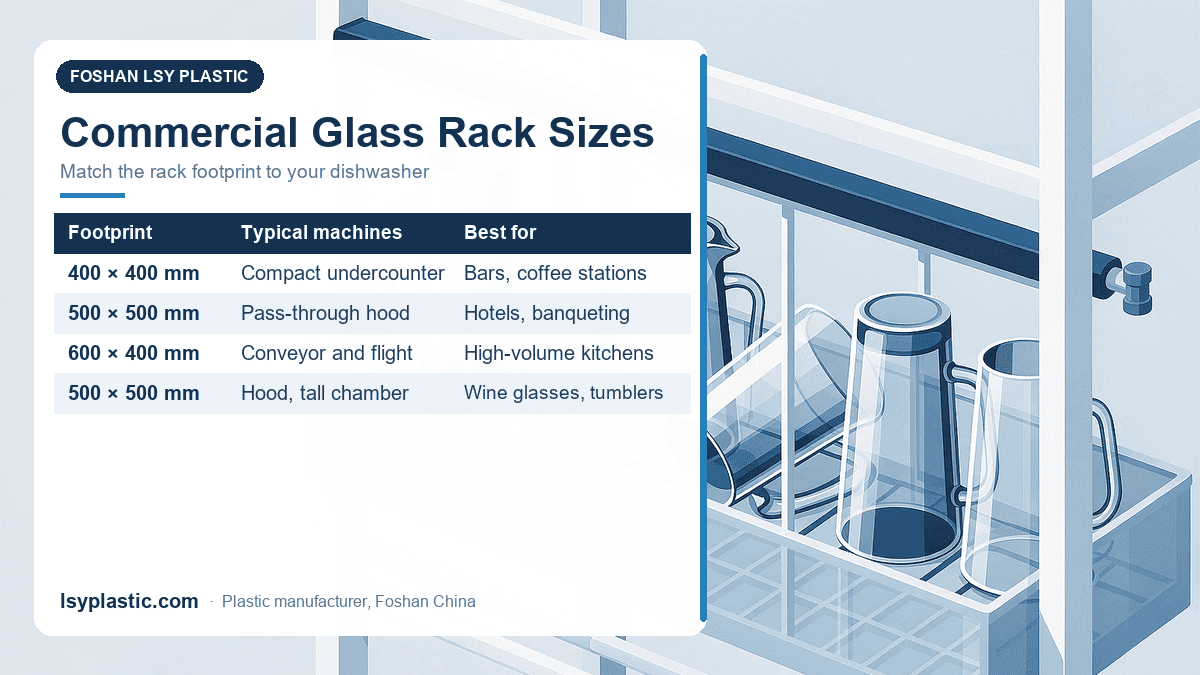 Commercial glass rack and cup tray sizing chart