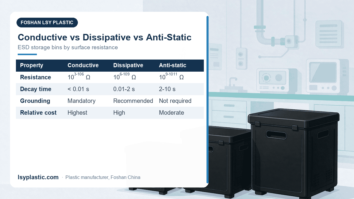 Conductive vs dissipative vs anti-static ESD plastic bins chart with surface resistance and charge decay times
