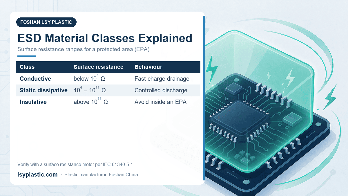 ESD material classes chart showing conductive, static dissipative and insulative surface resistance ranges