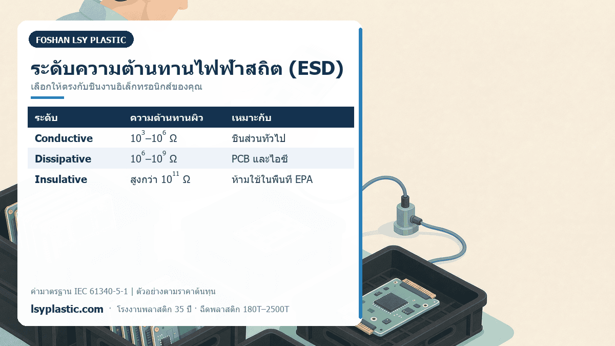ตารางระดับความต้านทานไฟฟ้าสถิต ESD: conductive 10³-10⁶ โอห์ม, dissipative 10⁶-10⁹ โอห์ม