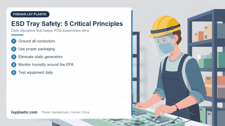 Infographic of five critical ESD tray safety principles for electronics factories