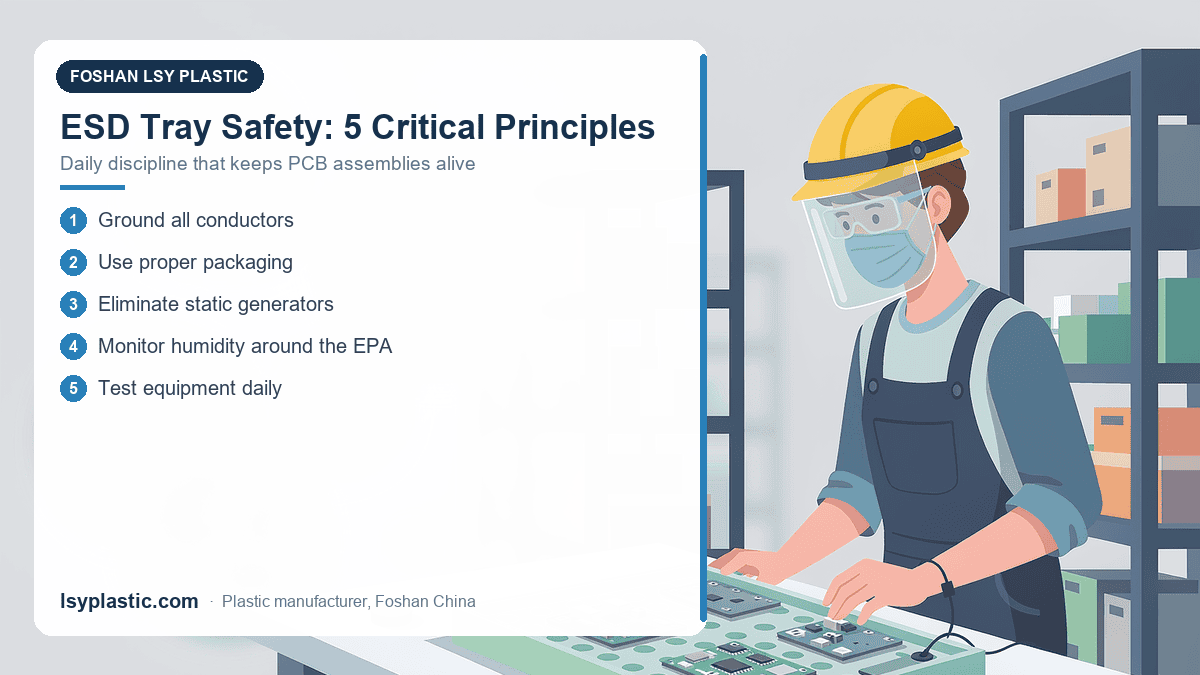 Infographic of five critical ESD tray safety principles for electronics factories