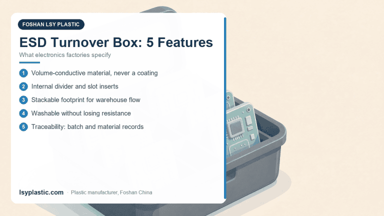Five features of ESD turnover boxes for electronics factories: conductive material, dividers, stackability and washability