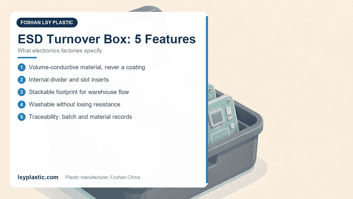 Five features of ESD turnover boxes for electronics factories: conductive material, dividers, stackability and washability