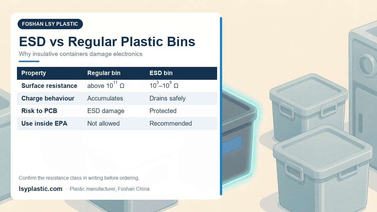Comparison of regular insulative plastic bins and ESD bins: surface resistance, charge behaviour and PCB risk