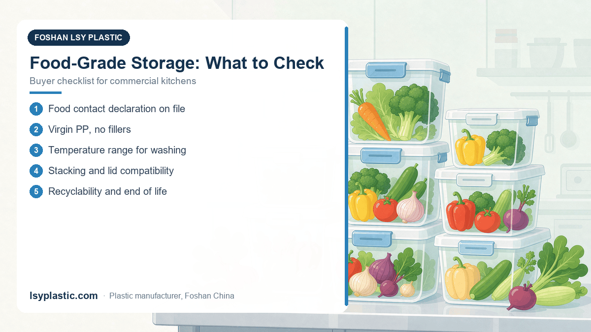 Checklist for food grade plastic storage containers: food contact declaration, virgin PP, temperature and stacking