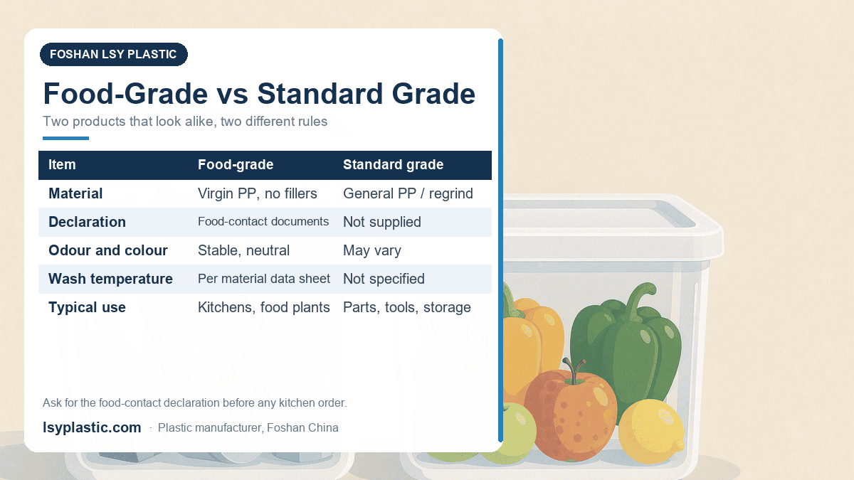 Comparison of food-grade and standard-grade plastic containers: material, declaration, wash temperature and typical use