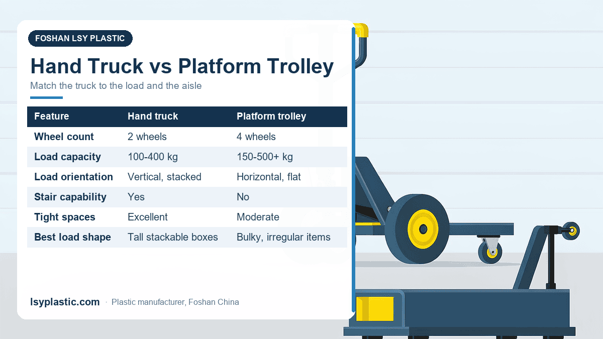 Hand truck versus platform trolley comparison: wheel count, load capacity, orientation, stairs and manoeuvrability