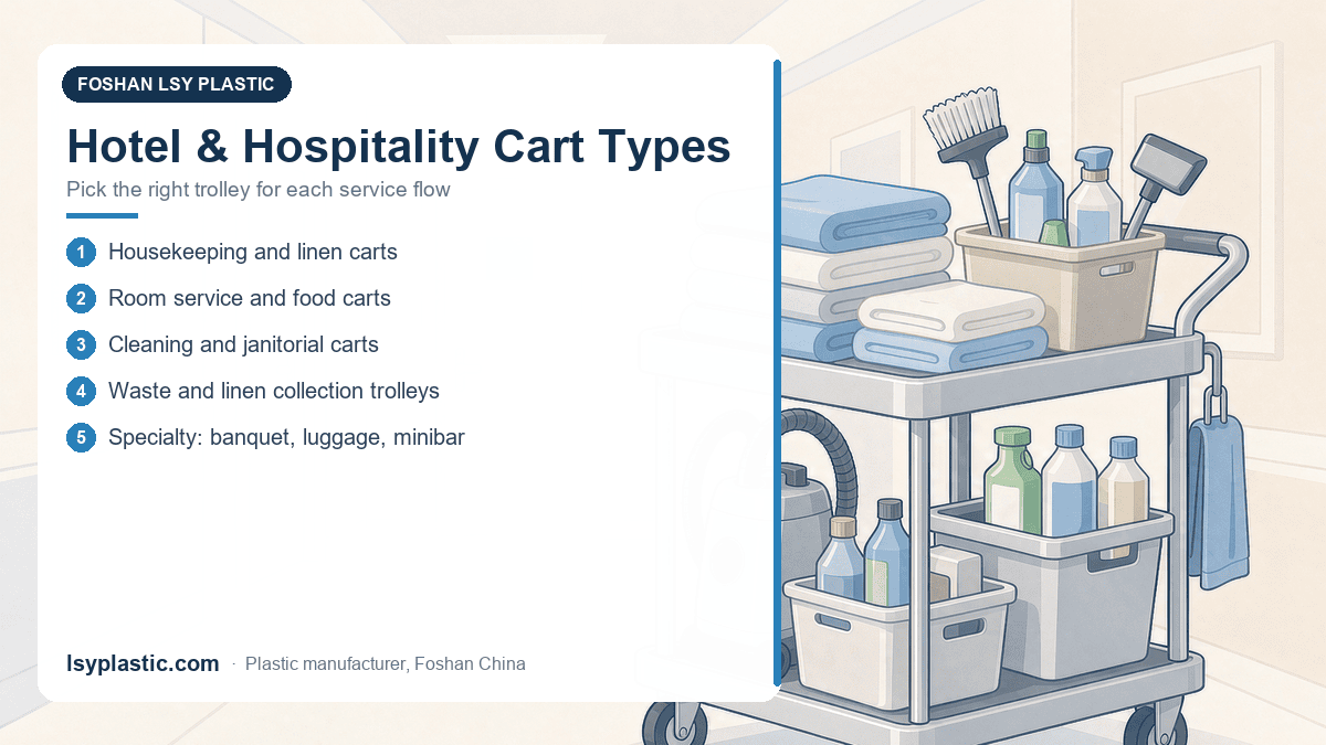 Overview of hotel service cart types: housekeeping, room service, cleaning, waste collection and specialty trolleys