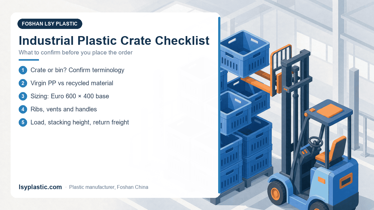 Checklist infographic for choosing industrial plastic crates: material, Euro sizing, vents, ribs and stacking