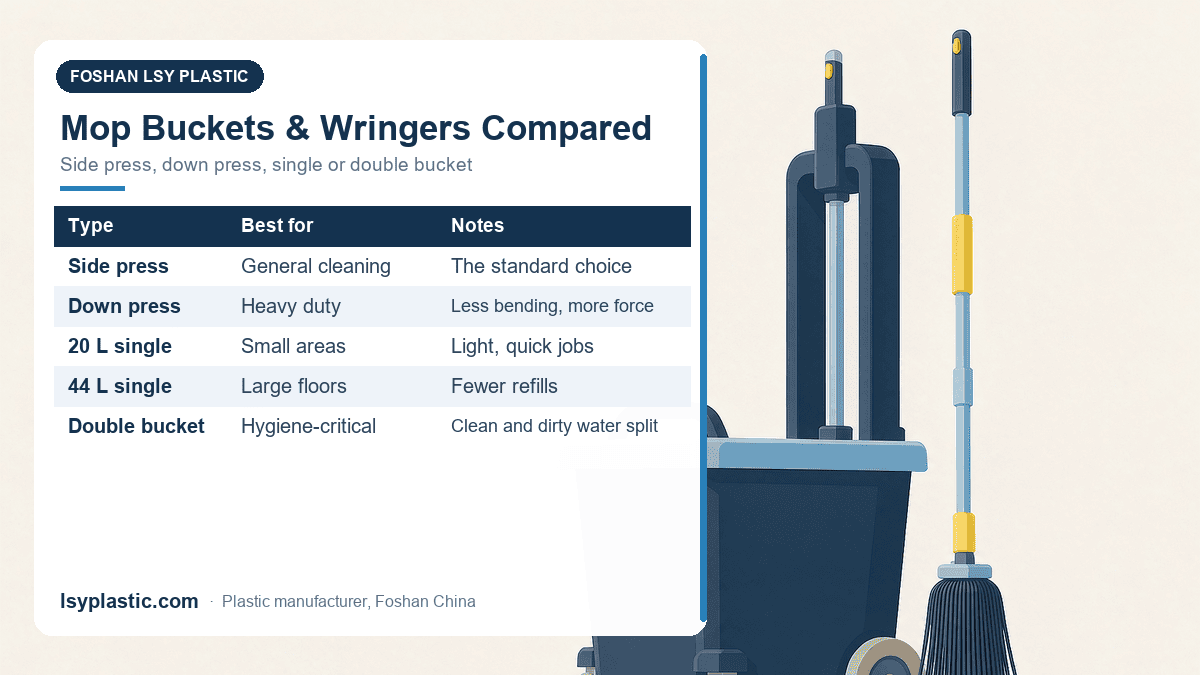 Comparison of commercial mop bucket and wringer types: side press, down press, 20 litre, 44 litre and double bucket systems