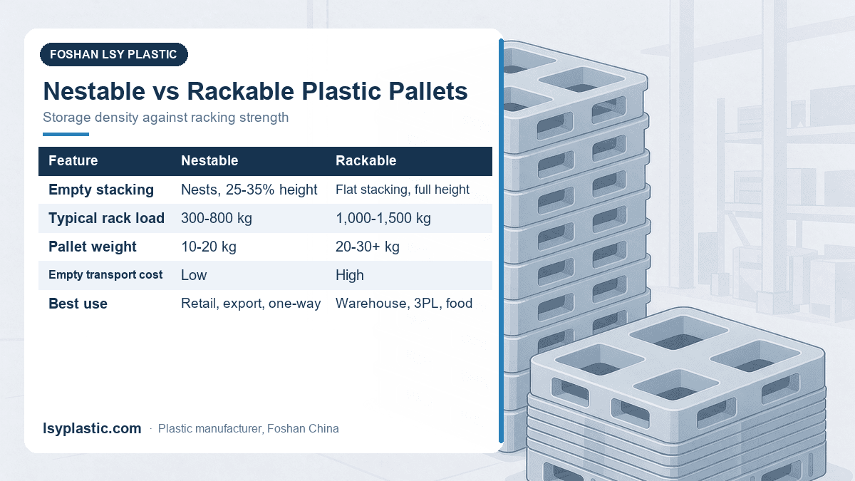 Nestable versus rackable plastic pallets comparison: empty stacking height, rack load, weight and best use