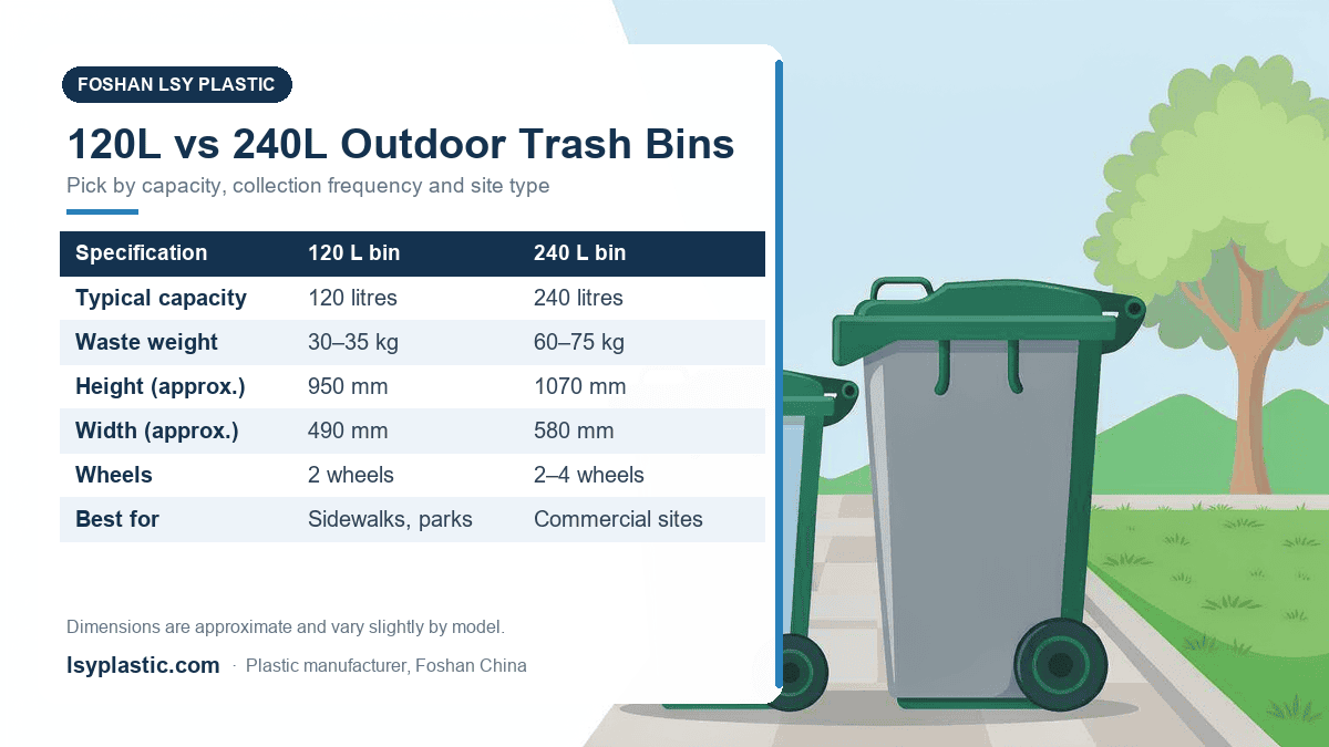 Comparison chart of 120 litre and 240 litre outdoor plastic trash bins with dimensions, capacity and wheel options