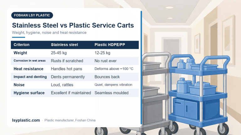 Stainless steel versus plastic hotel service cart comparison: weight, corrosion, heat resistance, noise and hygiene