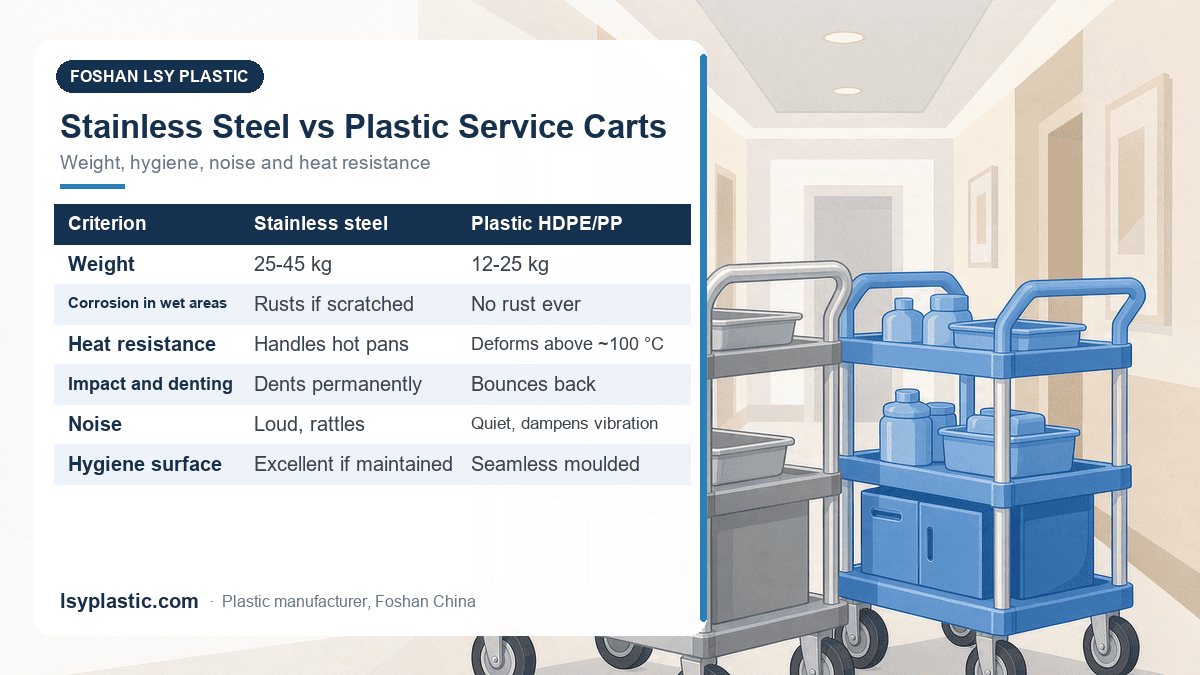 Stainless steel versus plastic hotel service cart comparison: weight, corrosion, heat resistance, noise and hygiene